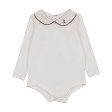 Analogy by Lil Legs White/Misty Oat Signature Collection Peter Pan Onesie With Piping