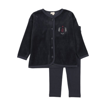 Lil Legs Navy Maxi Loungewear Velour Crest Lounge Set