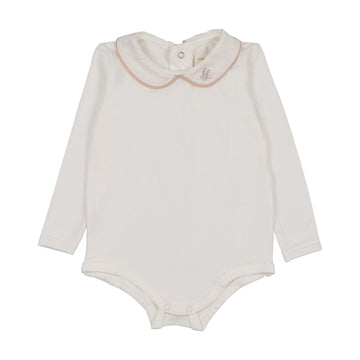 Analogy by Lil Legs White/Drd Rose Signature Collection Peter Pan Onesie With Piping