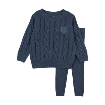 Analogy by Lil Legs Vntg Blue Heath Signature Collection Chunky Cable Knit Toddler Set
