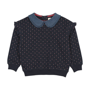 Analogy by Lil Legs Navy Print Sweet Campaign Denim Collar Ruffle Sweatshirt