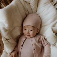 Mema Knits Dusty Pink/Oatmeal Striped Footie With Cardigan + Beanie