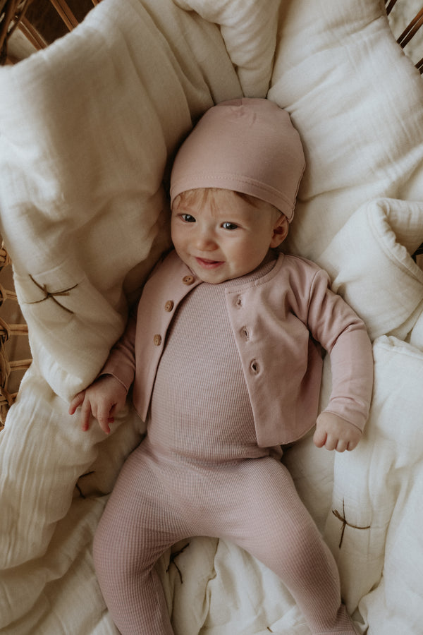 Mema Knits Dusty Pink/Oatmeal Striped Footie With Cardigan + Beanie