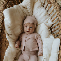 Mema Knits Dusty Pink/Oatmeal Striped Footie With Cardigan + Beanie