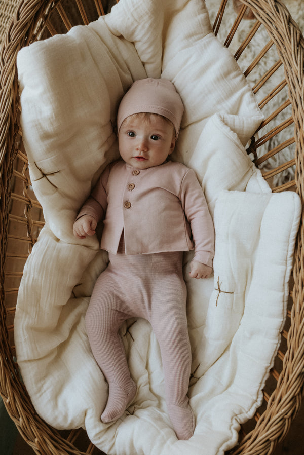 Mema Knits Dusty Pink/Oatmeal Striped Footie With Cardigan + Beanie