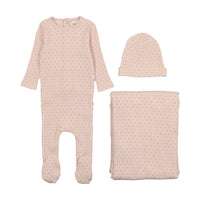 Mema Knits Pink Tint / Rose Hearts Wide Ribbed Heart Textured Three Piece Set