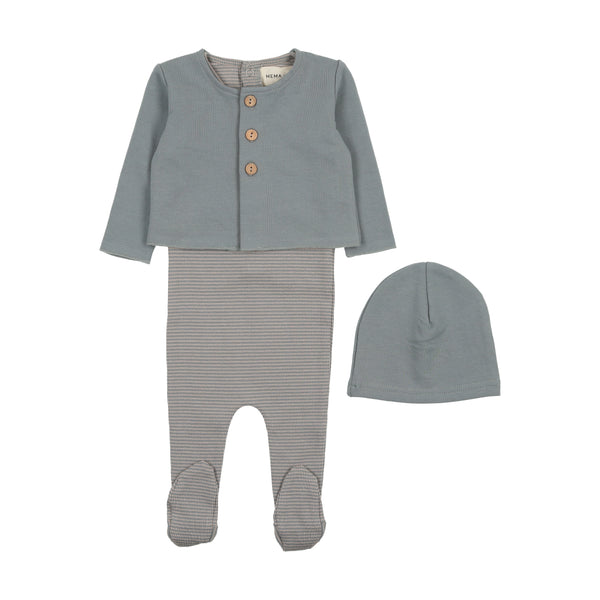 Mema Knits Dove/ Oatmeal Striped Footie With Cardigan + Beanie