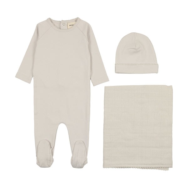 Mema Knits Cloud / Winter White Print Raglan Polka Dotted Three Piece Set