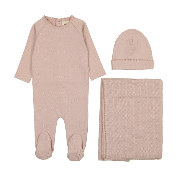 Mema Knits Dusty Pink / Winter White Print Raglan Polka Dotted Three Piece Set