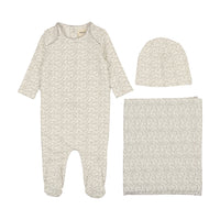 Mema Knits Winter White /Oatmeal Print Fruit Print Three Piece Set