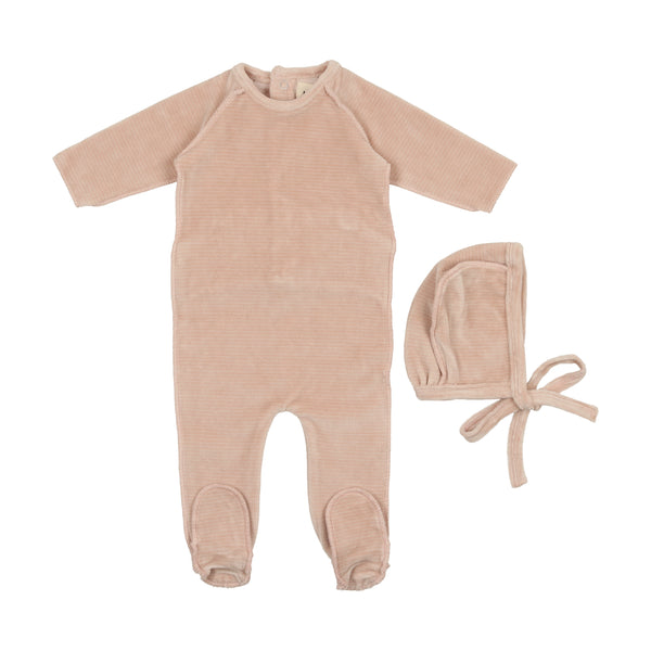 Mema Knits Oatmeal/ DUSTY Pink Thin Striped Velour Footie