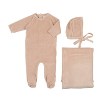 Mema Knits Oatmeal/ DUSTY Pink Thin Striped Velour Three Pieceset