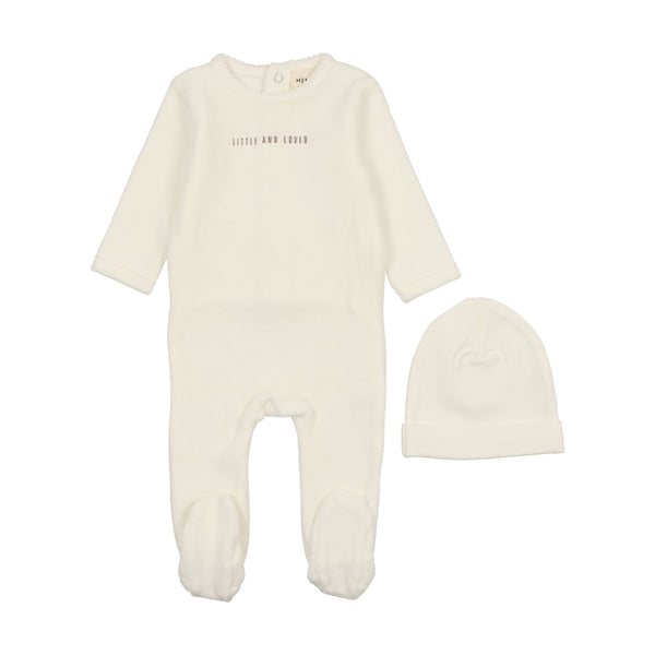 Mema Knits Winter White / Mink Print Little And Loved Velour Footie