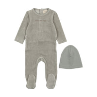 Mema Knits Powder Blue / Mink Print Little And Loved Velour Footie