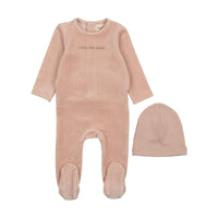 Mema Knits Pale Pink / Mink Print Little And Loved Velour Footie