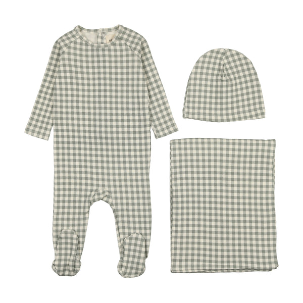 Mema Knits Sea Blue Gingham Three Piece Set