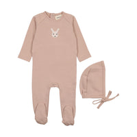 Mema Knits Pale Pink French Terry Embroidered Animal Footie