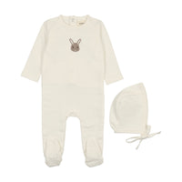 Mema Knits Winter White /Bunny French Terry Embroidered Animal Footie