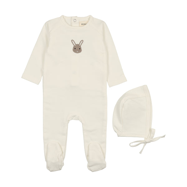 Mema Knits Winter White /Bunny French Terry Embroidered Animal Footie