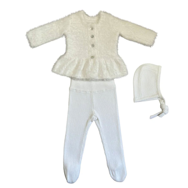 Kipp Baby White Mink Ruffle Cardigan & Hat Set