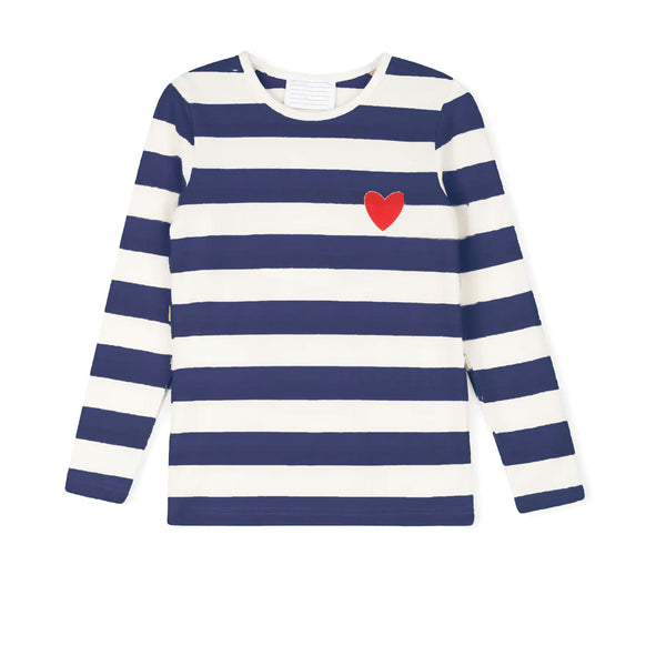 Phil and Phoebe Navy Pique Striped Heart Tee
