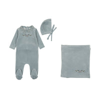 Bee & Dee Pale Blue Embroidered Flowers Velour Layette Set