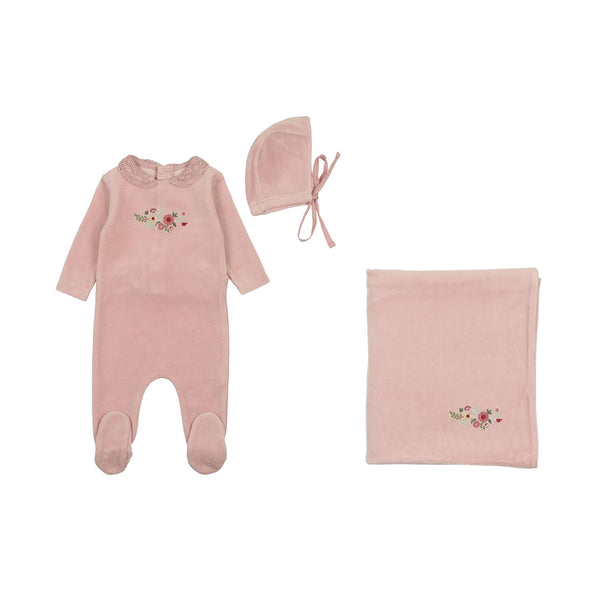 Bee & Dee Creme Pink Embroidered Flowers Velour Layette Set