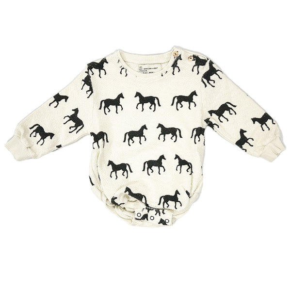 Piupiuchick Ecru W/ Black Horses Long Sleeve Romper