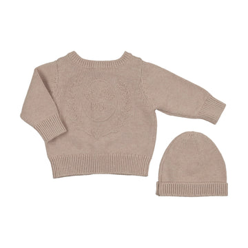 Peluche Taupe Embossed Reversible Cardigan + Beanie Set