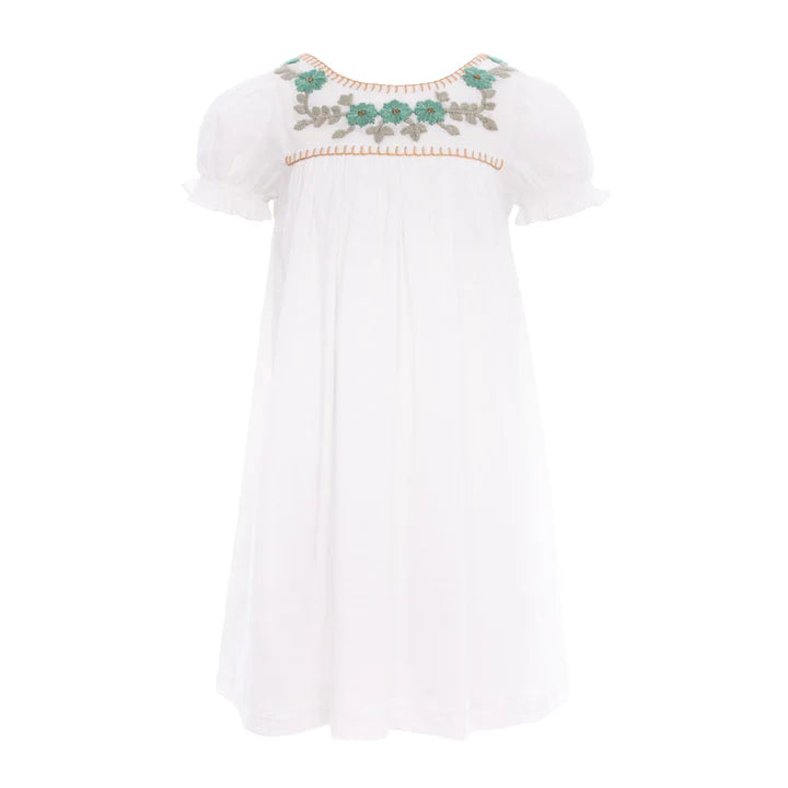 Pernille Embroidered Blue Flowers White Dress | Buttons Bebe Pernille Embroidered Blue Flowers White Dress | Buttons Bebe