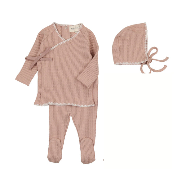 Mema Knits Pink Tint & Winter White Stitch Textured Embroidery Edge Three-piece set with Bonnet