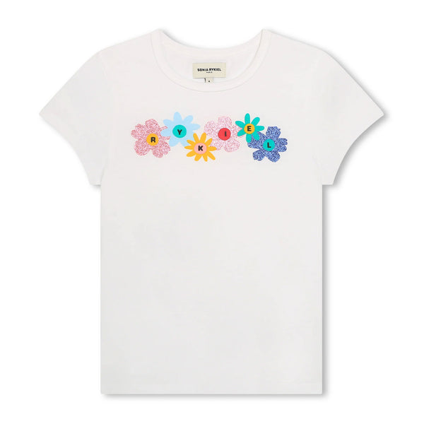 Sonia Rykiel 10p White T-Shirt Rykiel Glitter Flowers Across Chest