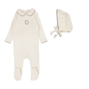 Lilette By Lil Legs Emblem Embroidered Footie Set Cream/Oat