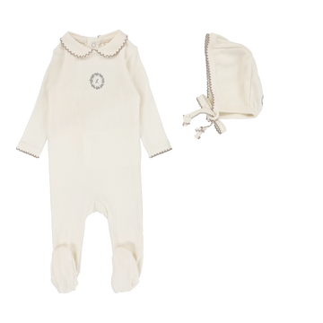 Lilette by Lil Legs Cream/Oat Lilette Emblem Embroidered Footie Set