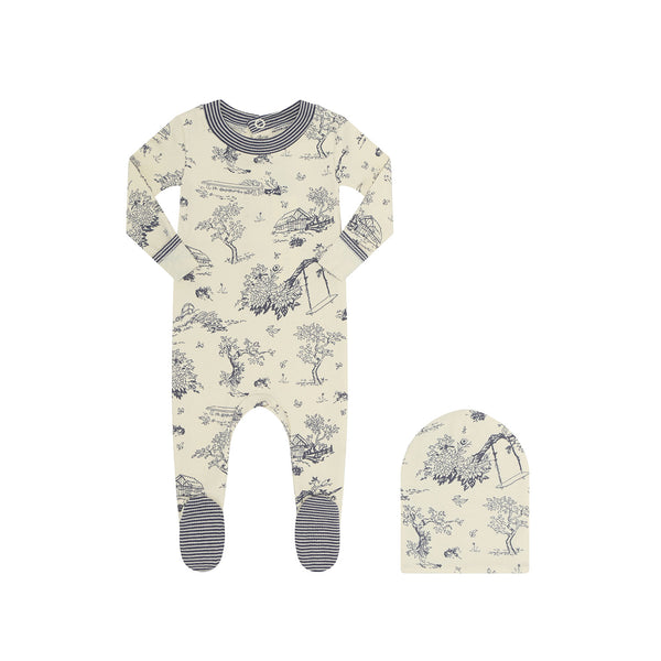 Little Parni Ivory/Navy Toile Pajamas- Large Print Stretchy (PJ66)