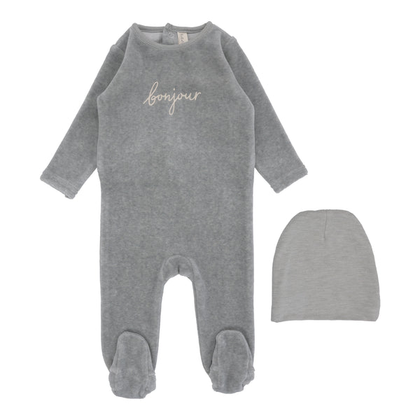 Lilette By Lil Legs Velour Bonjour Footie Set Heathered Blue