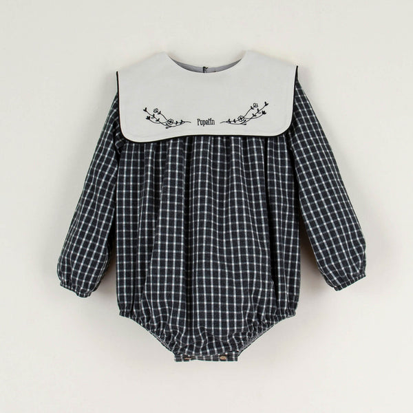 Popelin Mod.2.2 Black plaid embroidered romper suit with yoke in organic fabric