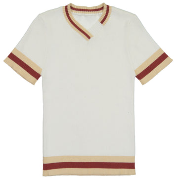 Belati Ivory 3 Stripes Trim Ribbed Knit Sweater