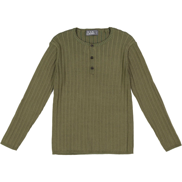 Olive Solid Henley Ribbed Buttons Sweater