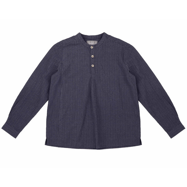 Belati  Blue Small Plaid Mandarin Collar Shirt