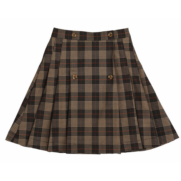 Belati  Charcoal Plaid Button Detail Pleated Skirt