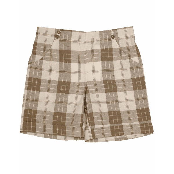 Noma Beige Poplin Plaid Shorts With Button Detail