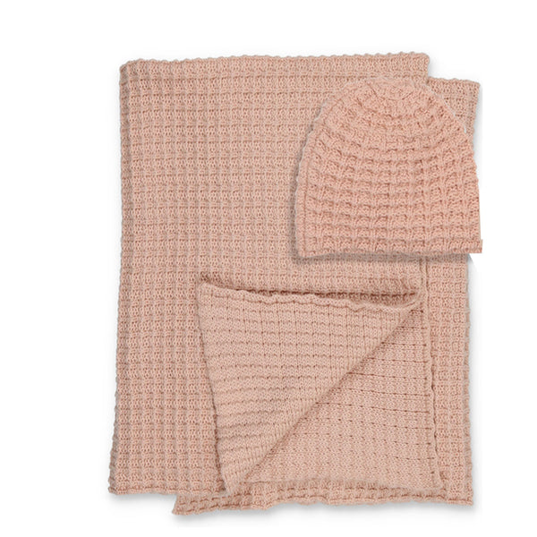 Peluche Rose Crochet Waffle Knit Blanket + Beanie