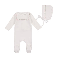 Bee & Dee  Embroidered Linen Pointelle Collection Footie with Bonnet-Snow white with pink vines
