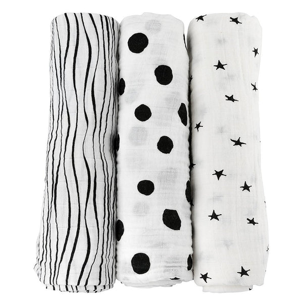 Ely's & Co Black & White Abstract 3 Pack Cotton Muslin Swaddle Set
