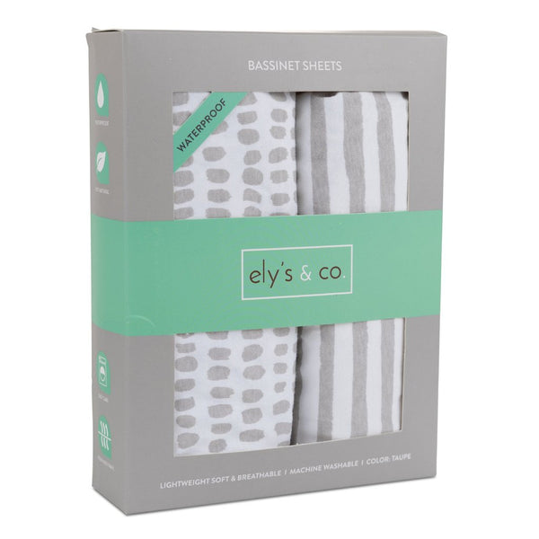 Ely's & Co Taupe Stripes & Splash Waterproof Bassinet Sheet Set