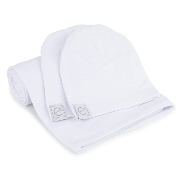 Ely's & Co White Jersey Knit Cotton Swaddle Blanket and Beanie Gift Set